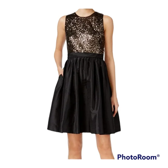 Calvin Klein Sequined Taffeta Cocktail Dress - Black 10